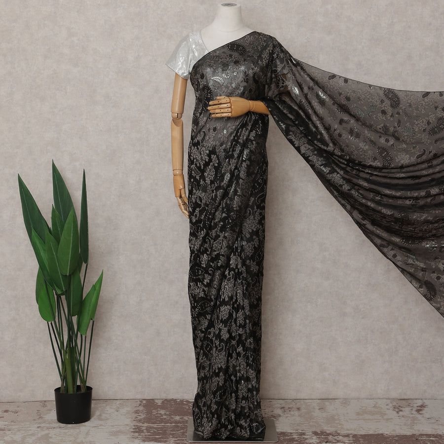 Onyx Black French Silk Chiffon Saree 5.5m