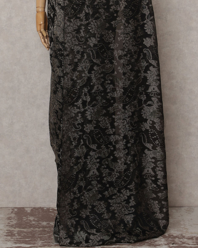 Onyx Black French Silk Chiffon Saree 5.5m