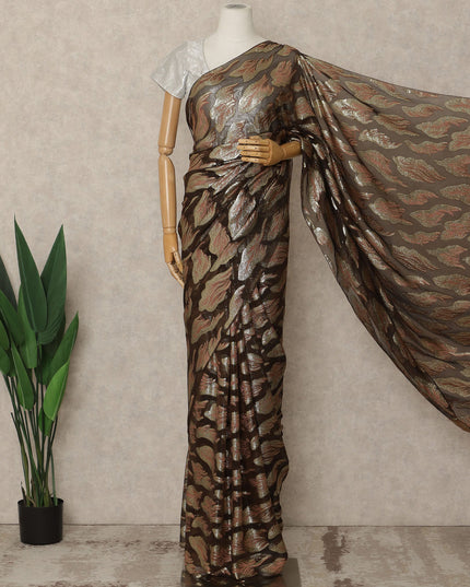 Brown Premium French Silk Chiffon Saree With Gold Woven Motif 5.5 Mtrs Length 110 Cms Width, Made in France and  Blouse Not Included-D27212
