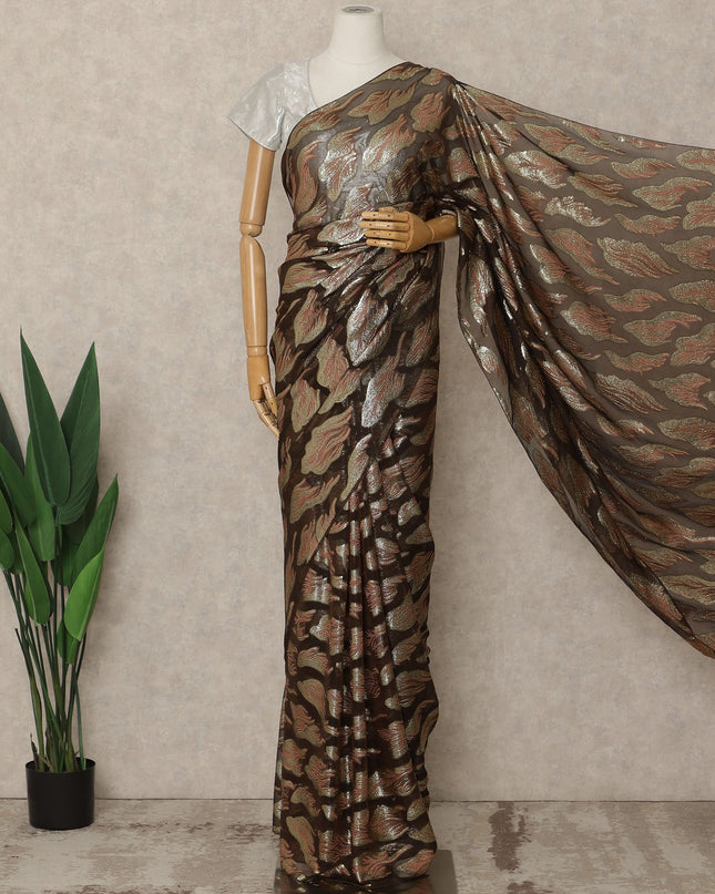 Brown Premium French Silk Chiffon Saree With Gold Woven Motif 5.5 Mtrs Length 110 Cms Width, Made in France and  Blouse Not Included-D27212