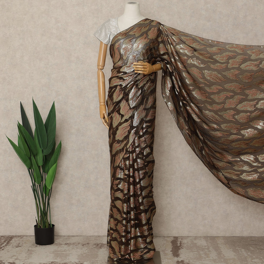 Brown Premium French Silk Chiffon Saree With Gold Woven Motif 5.5 Mtrs Length 110 Cms Width, Made in France and  Blouse Not Included-D27212
