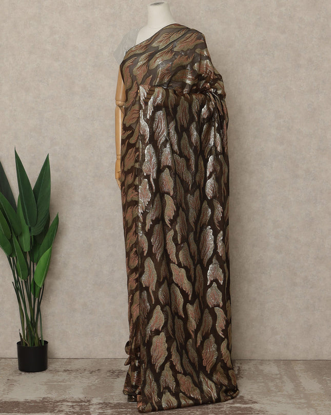Brown Premium French Silk Chiffon Saree With Gold Woven Motif 5.5 Mtrs Length 110 Cms Width, Made in France and  Blouse Not Included-D27212