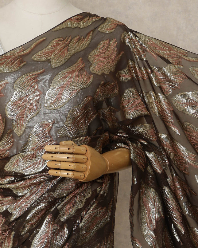 Brown Premium French Silk Chiffon Saree With Gold Woven Motif 5.5 Mtrs Length 110 Cms Width, Made in France and  Blouse Not Included-D27212