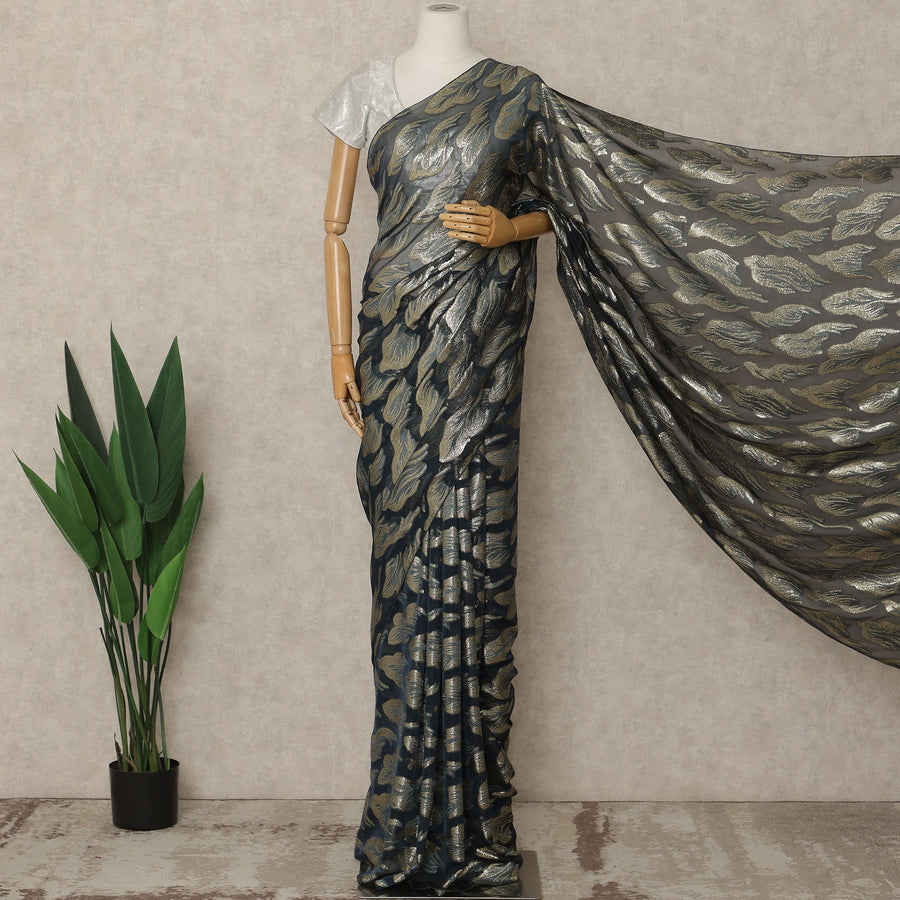 Black Premium French Silk Chiffon Saree With Gold Woven Motif 5.5 Mtrs Length 110 Cms Width, Made in France and  Blouse Not Included-D27211