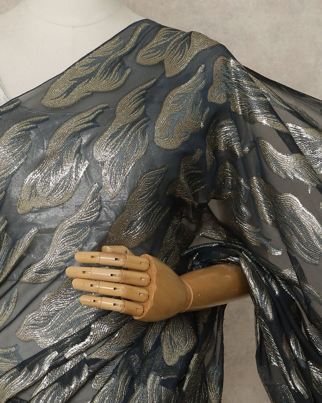 Black Premium French Silk Chiffon Saree With Gold Woven Motif 5.5 Mtrs Length 110 Cms Width, Made in France and  Blouse Not Included-D27211