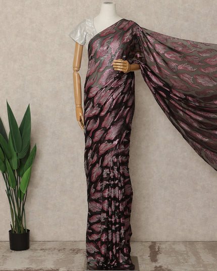 Black Premium French Silk Chiffon Saree With Rose Pink Woven Motif 5.5 Mtrs Length 110 Cms Width, Made in France and  Blouse Not Included-D27213