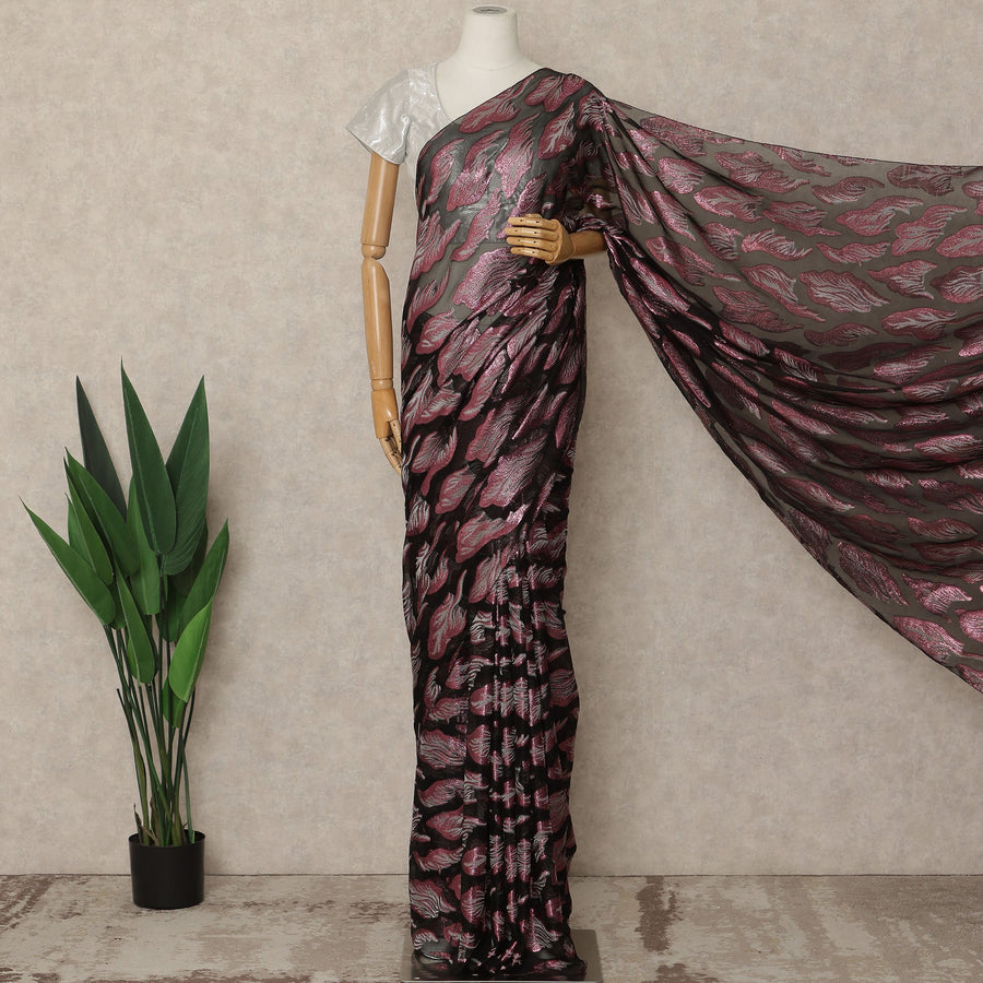 Black Premium French Silk Chiffon Saree With Rose Pink Woven Motif 5.5 Mtrs Length 110 Cms Width, Made in France and  Blouse Not Included-D27213