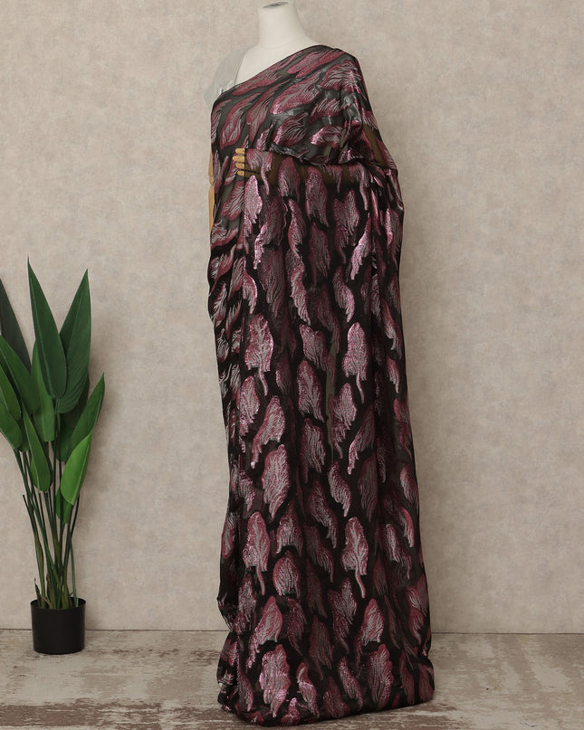 Black Premium French Silk Chiffon Saree With Rose Pink Woven Motif 5.5 Mtrs Length 110 Cms Width, Made in France and  Blouse Not Included-D27213