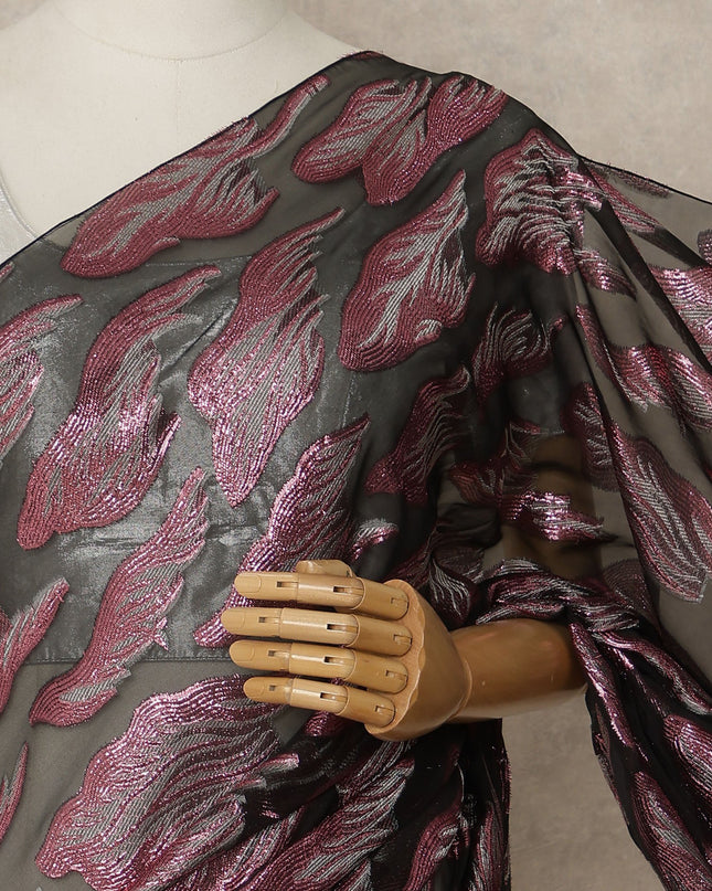 Black Premium French Silk Chiffon Saree With Rose Pink Woven Motif 5.5 Mtrs Length 110 Cms Width, Made in France and  Blouse Not Included-D27213