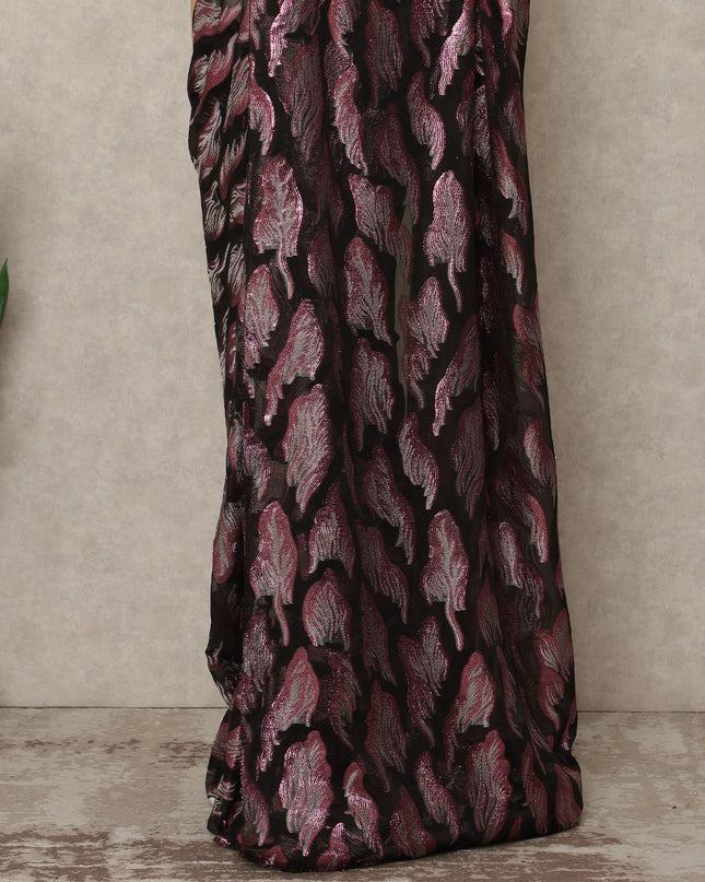 Black Premium French Silk Chiffon Saree With Rose Pink Woven Motif 5.5 Mtrs Length 110 Cms Width, Made in France and  Blouse Not Included-D27213