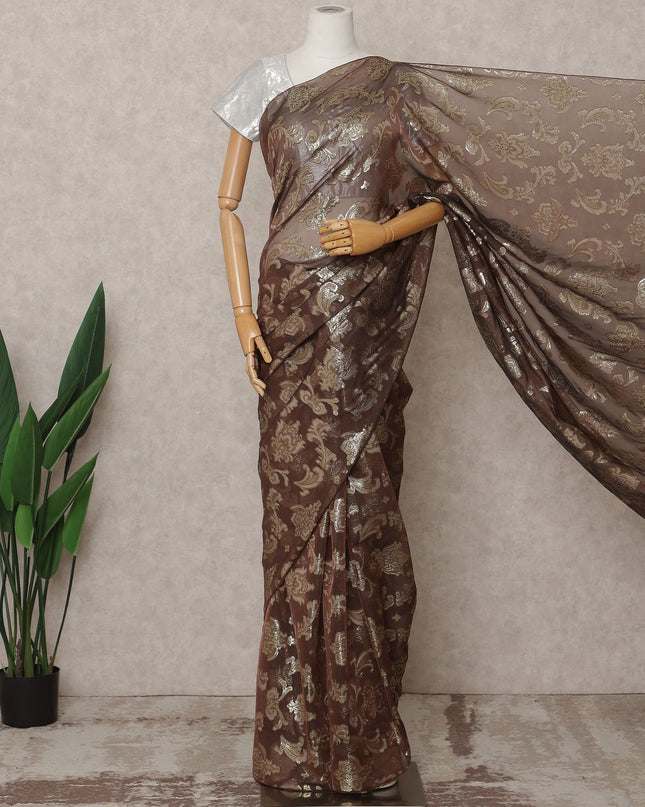 Chocolate Brown Premium French Pure Silk Chiffon Saree Fabric – 5.5 Meters Length, Width 110 Cms, Made in France-D25620