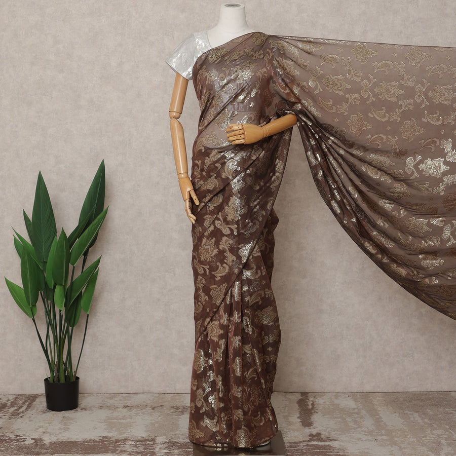 ساري شيفون حرير فرنسي فاخر بلون بني شوكولاتة - طول 5.5 متر، عرض 110 سم، صنع في فرنسا - D25620