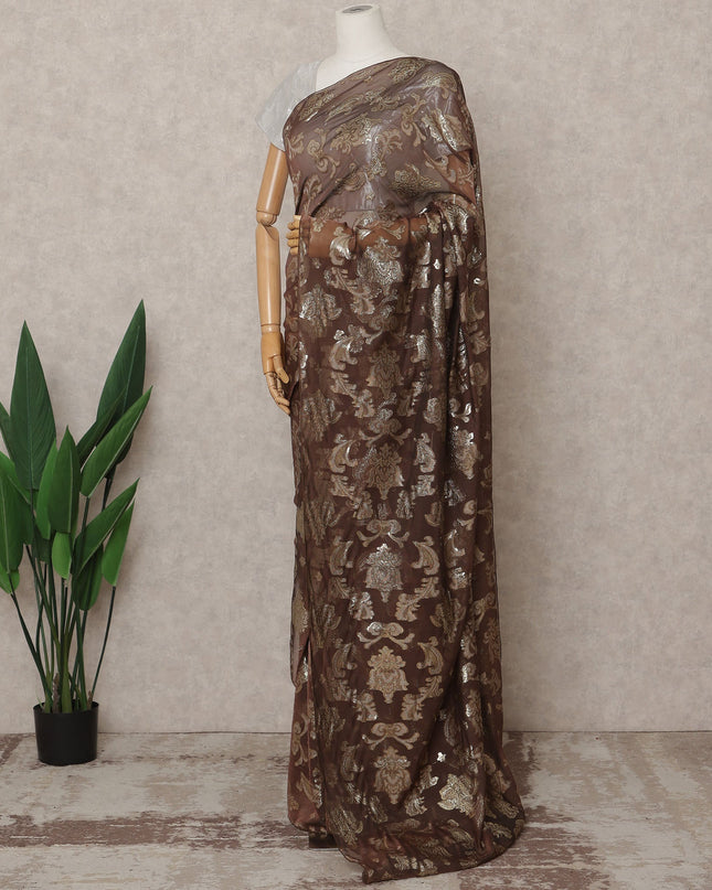 Chocolate Brown Premium French Pure Silk Chiffon Saree Fabric – 5.5 Meters Length, Width 110 Cms, Made in France-D25620