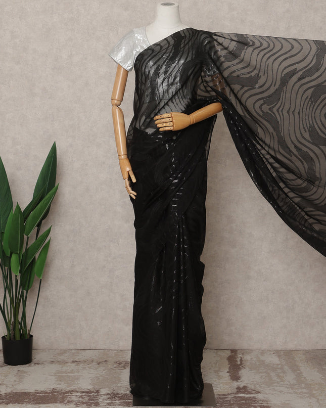 Jet Black Premium French Pure Silk Chiffon Saree Fabric with Metallic Wave Design – 5.5 Meters Length, Width 110 Cms, Made in France-D25626