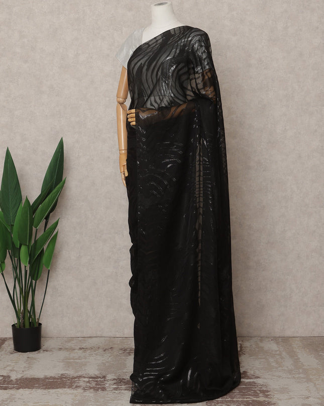 Jet Black Premium French Pure Silk Chiffon Saree Fabric with Metallic Wave Design – 5.5 Meters Length, Width 110 Cms, Made in France-D25626