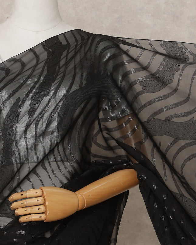 Jet Black Premium French Pure Silk Chiffon Saree Fabric with Metallic Wave Design – 5.5 Meters Length, Width 110 Cms, Made in France-D25626
