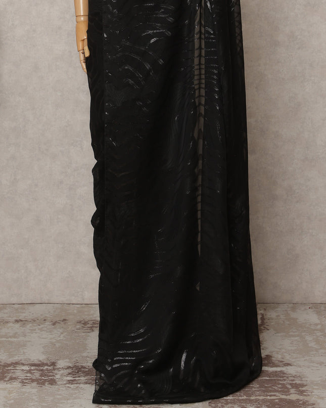 Jet Black Premium French Pure Silk Chiffon Saree Fabric with Metallic Wave Design – 5.5 Meters Length, Width 110 Cms, Made in France-D25626