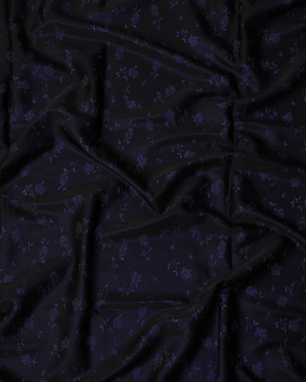 Dark Purple Floral Jacquard Pure Silk Satin Fabric with black base 140 Cms Width Made in China-D24914