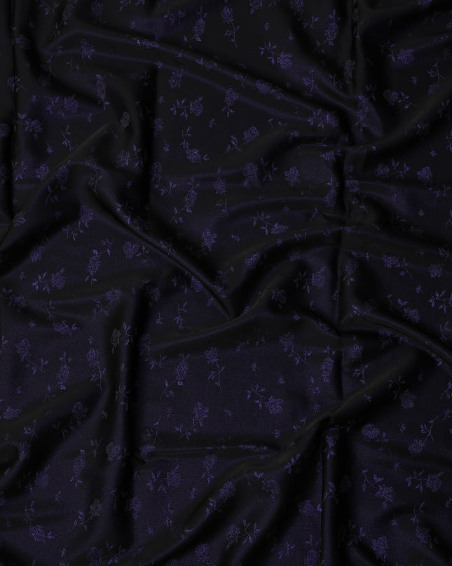 Dark Purple Floral Jacquard Pure Silk Satin Fabric with black base 140 Cms Width Made in China-D24914