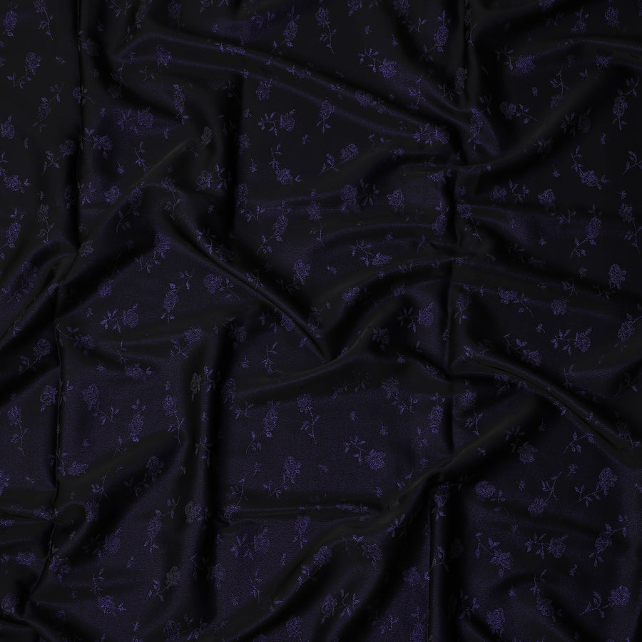 Dark Purple Floral Jacquard Pure Silk Satin Fabric with black base 140 Cms Width Made in China-D24914