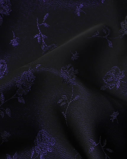 Dark Purple Floral Jacquard Pure Silk Satin Fabric with black base 140 Cms Width Made in China-D24914