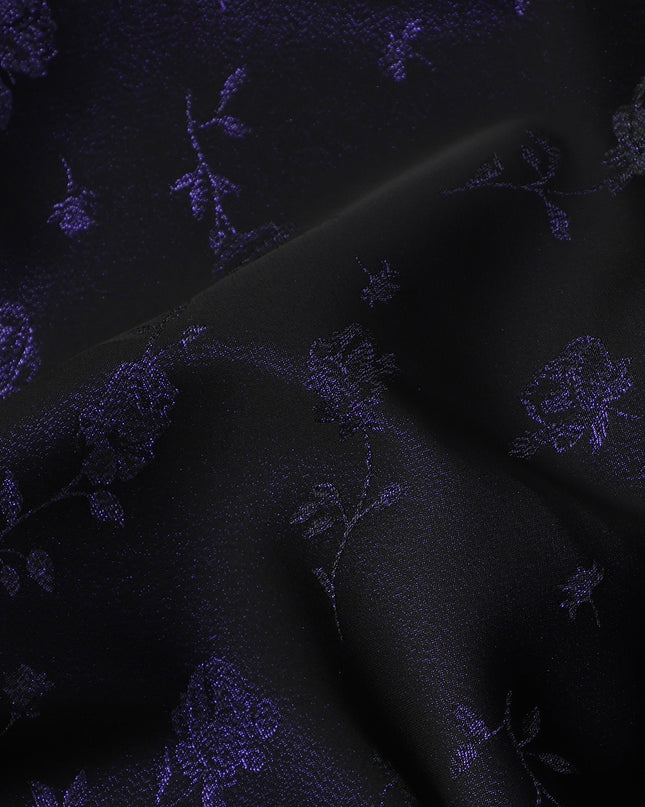 Dark Purple Floral Jacquard Pure Silk Satin Fabric with black base 140 Cms Width Made in China-D24914