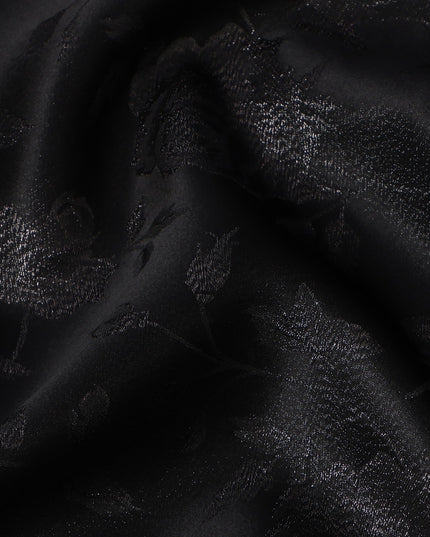 Black Floral Self-Design Pure Silk Satin Fabric 140 Cms Width Made in China-D24903