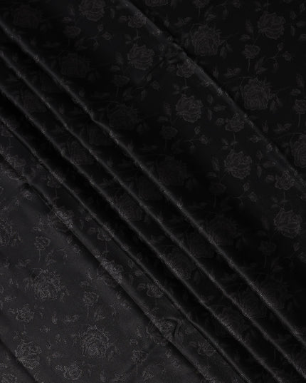 Black Floral Self-Design Pure Silk Satin Fabric 140 Cms Width Made in China-D24903