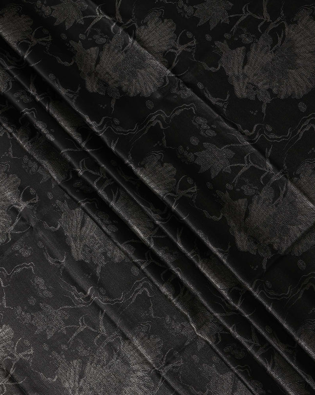 Black Floral Jacquard Pure Silk Satin Fabric 140 Cms Width Made in China-D24909