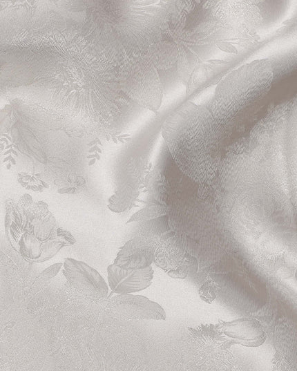 Pearl White Floral Self-Design Pure Silk Satin Fabric 140 Cms Width Made in China-D24894