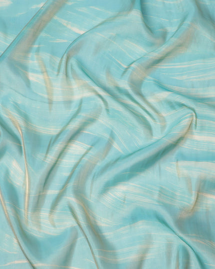 Aqua Blue and Beige Abstract Brushstroke Print Silk Satin Fabric, 110 Cms Width, India-D24668