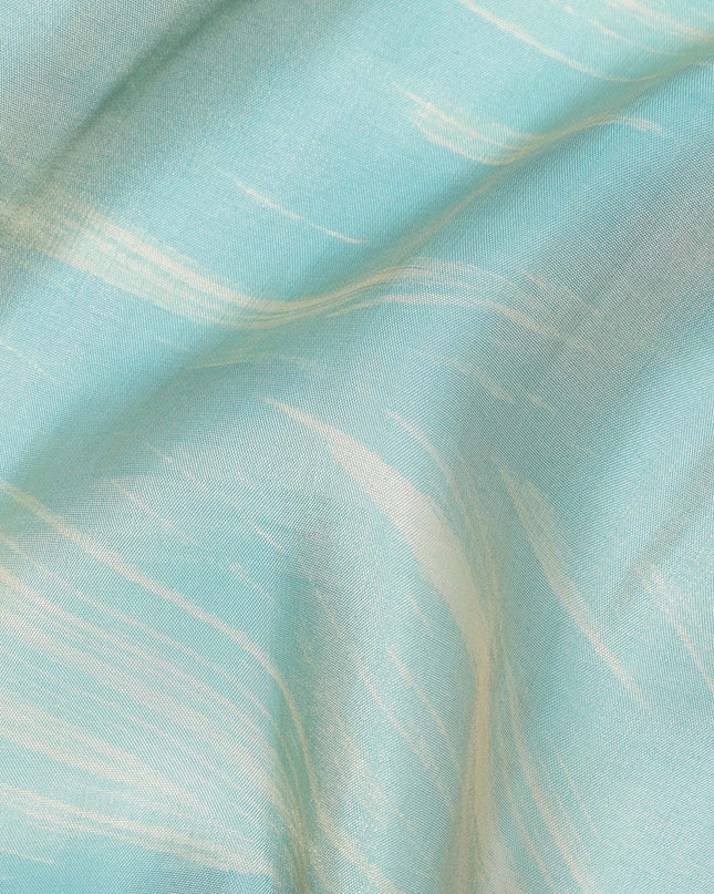 Aqua Blue and Beige Abstract Brushstroke Print Silk Satin Fabric, 110 Cms Width, India-D24668