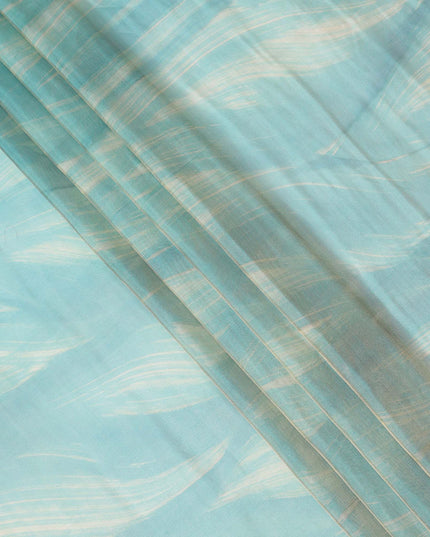 Aqua Blue and Beige Abstract Brushstroke Print Silk Satin Fabric, 110 Cms Width, India-D24668