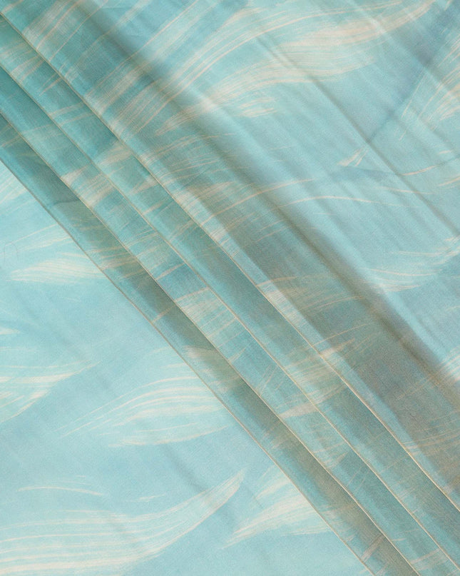 Aqua Blue and Beige Abstract Brushstroke Print Silk Satin Fabric, 110 Cms Width, India-D24668