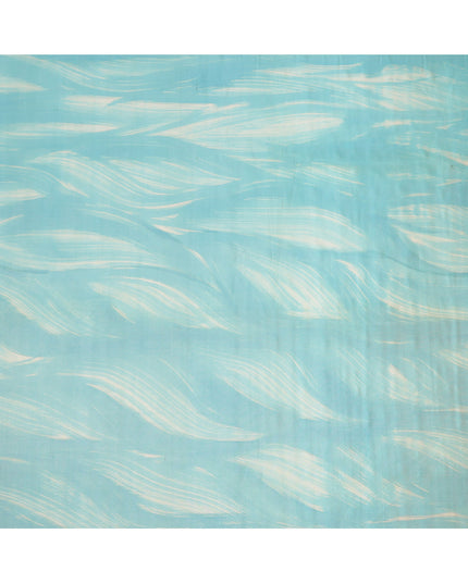Aqua Blue and Beige Abstract Brushstroke Print Silk Satin Fabric, 110 Cms Width, India-D24668