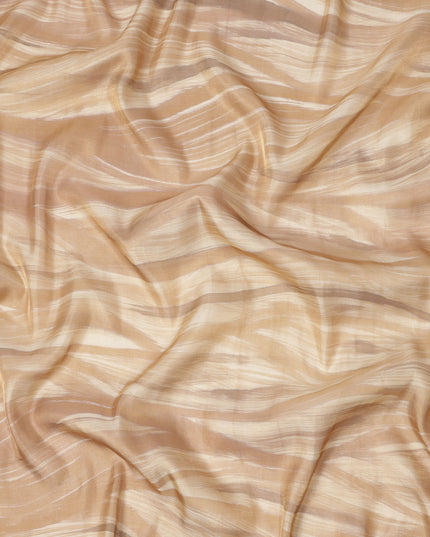 Beige and Cream Abstract Brushstroke Print Silk Satin Fabric, 110 Cms Width, India-D24669