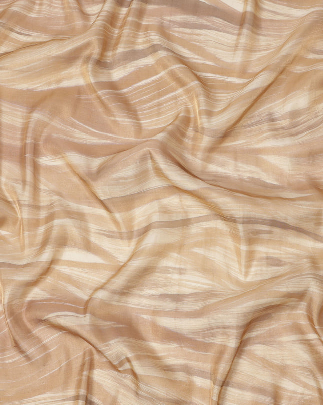 Beige and Cream Abstract Brushstroke Print Silk Satin Fabric, 110 Cms Width, India-D24669
