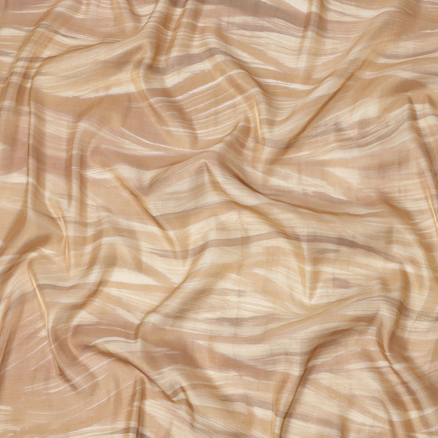 Beige and Cream Abstract Brushstroke Print Silk Satin Fabric, 110 Cms Width, India-D24669
