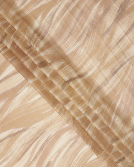 Beige and Cream Abstract Brushstroke Print Silk Satin Fabric, 110 Cms Width, India-D24669