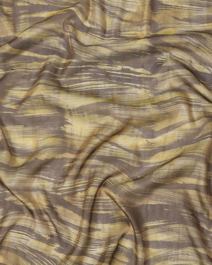 Golden Yellow and Brown Abstract Brushstroke Print Silk Satin Fabric, 110 Cms Width, India-D24667