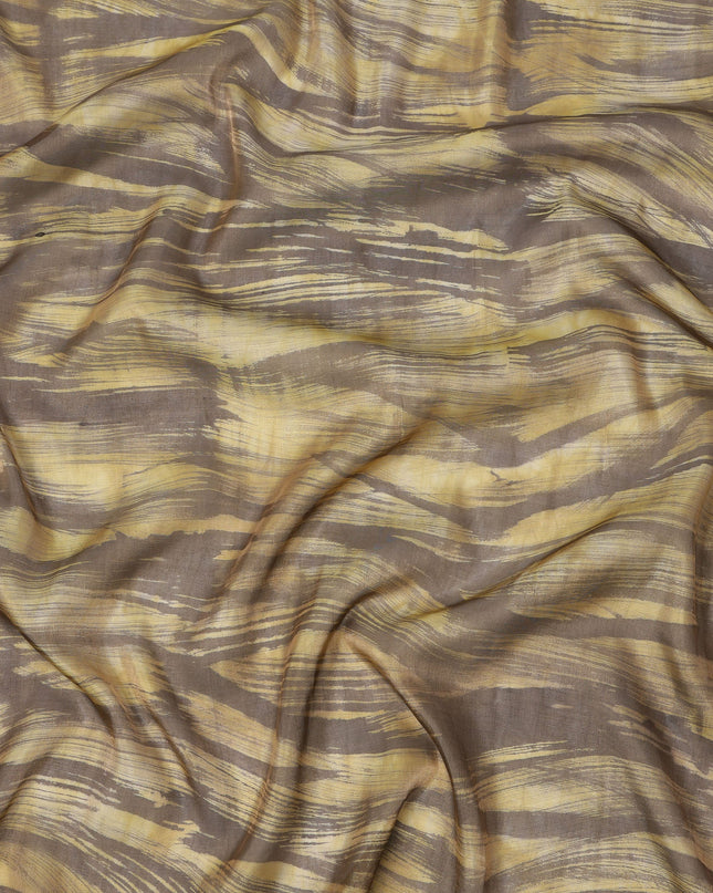 Golden Yellow and Brown Abstract Brushstroke Print Silk Satin Fabric, 110 Cms Width, India-D24667
