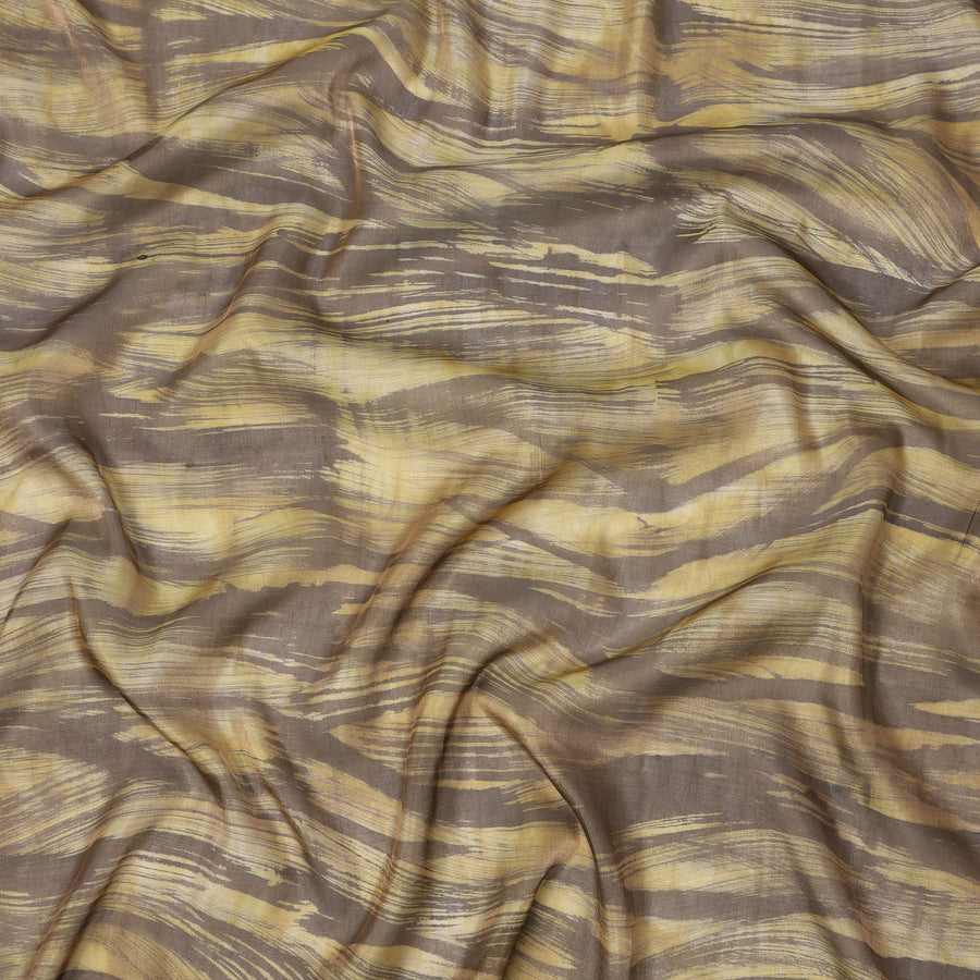 Golden Yellow and Brown Abstract Brushstroke Print Silk Satin Fabric, 110 Cms Width, India-D24667