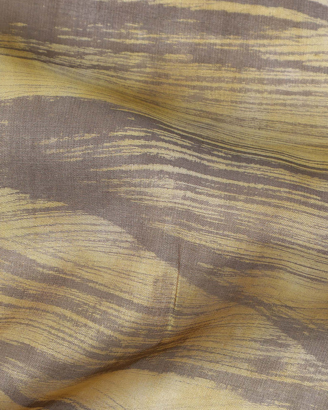 Golden Yellow and Brown Abstract Brushstroke Print Silk Satin Fabric, 110 Cms Width, India-D24667