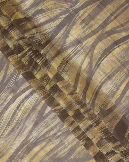 Golden Yellow and Brown Abstract Brushstroke Print Silk Satin Fabric, 110 Cms Width, India-D24667