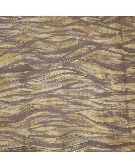 Golden Yellow and Brown Abstract Brushstroke Print Silk Satin Fabric, 110 Cms Width, India-D24667