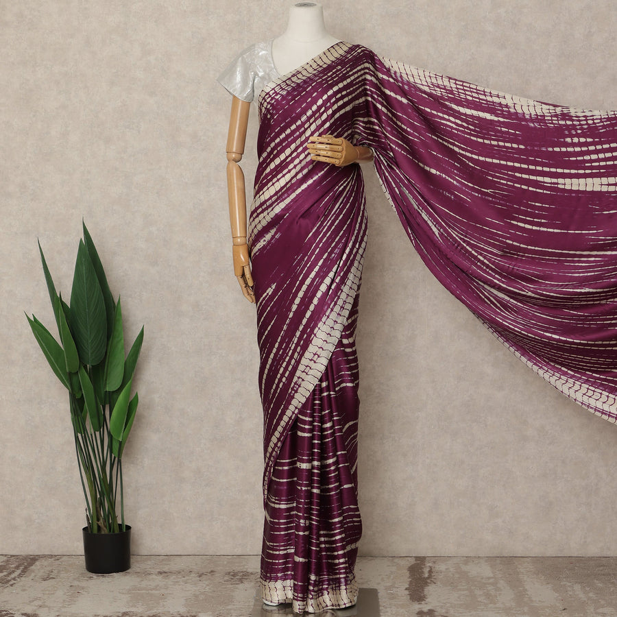 Wine Purple Premium Pure Silk Satin Saree With Abstract Striped Print 5.5 Mtrs Length 110 Cms Width From India-D27239