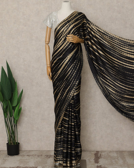 Black Premium Pure Silk Satin Saree With Beige Abstract Striped Print 5.5 Mtrs Length 110 Cms Width From India-D27241