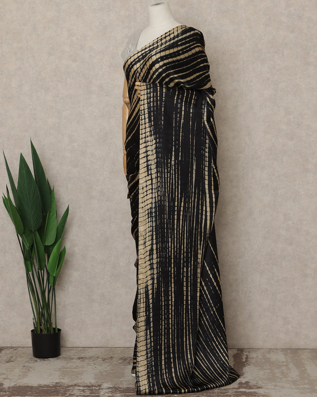 Black Premium Pure Silk Satin Saree With Beige Abstract Striped Print 5.5 Mtrs Length 110 Cms Width From India-D27241