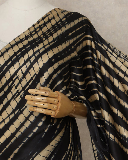 Black Premium Pure Silk Satin Saree With Beige Abstract Striped Print 5.5 Mtrs Length 110 Cms Width From India-D27241