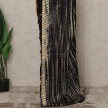 Black Premium Pure Silk Satin Saree With Beige Abstract Striped Print 5.5 Mtrs Length 110 Cms Width From India-D27241